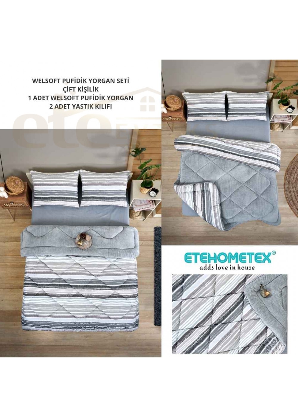 ETE HOMETEX ÇİFT KİŞİLİK LÜX WELSOFT YORGAN SETİ 195X215CM TASEL GRİ 8696474231951